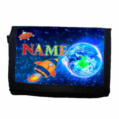 Kinder Geldbörse mit Name / Rakete / Geldbeutel / personalisierbar / UFO / Weltall / Erde / Junge