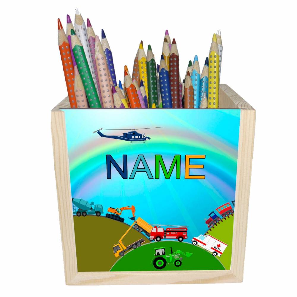Fahrzeuge Holz Stiftebox personalisiert z. B. Name Schriftartwahl | 10x10x10cm | Stiftehalter | Schreibtischorganizer Bild 1