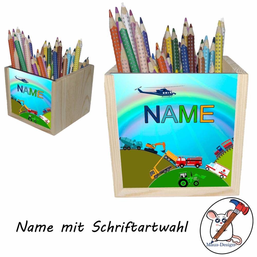 Fahrzeuge Holz Stiftebox personalisiert z. B. Name Schriftartwahl | 10x10x10cm | Stiftehalter | Schreibtischorganizer Bild 2