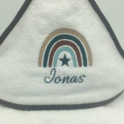 Kapuzenbadetuch Baby Kind Regenbogen personalisiert Mädchen Junge 4 Farben rosa grau mint weiß Kapuzenhandtuch 100x100