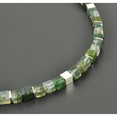 Kette mit Moosachat und Sterling Silver, Halskette Achat, Collier, 925er Silber, Würfel-Kette, grün, Edelsteine