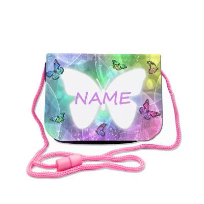 Kinder Brustbeutel mit Name / Schmetterlinge / Klettverschluss Schnur Klarsichtfach / personalisierbar / Geldbörse
