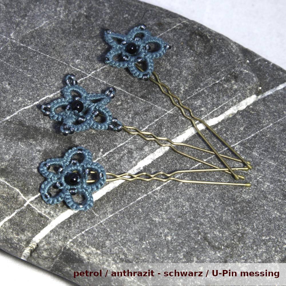 3er Set Haarnadeln Haarsterne aus Baumwolle mit Glaswachsperle und kleinen Glasperlchen an Bobby-Pin U-Pin Bild 2