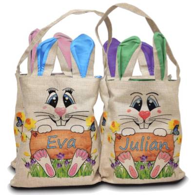 Ostertasche personalisierbar mit Namen, Text / 4 Farben / groß mit Ohren/Beutel/Tasche/Jute/Osterkorb Osterkörbchen Kind