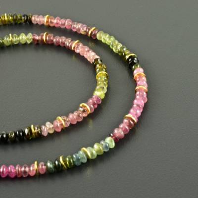 Turmalinkette mit vergoldetem 925er Silber, zart - Edelsteinkette - Turmalin - mulicolor - Linsen - Halskette - Geschenk