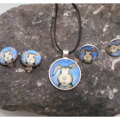 Schmuckset Hase  Cabochon Rund Kette und Ohrstecker oder Ohrclips 