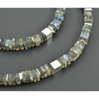 Edle Kette mit Labradorit und 925er Silber, Sterlingsilber, eckige Scheiben, grau mit blauem Schimmer Edelsteine