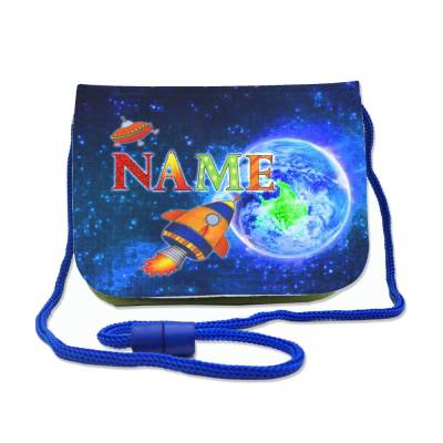 Kinder Brustbeutel mit Name / Rakete / Klettverschluss Schnur Klarsichtfach / personalisierbar  / Geldbörse zum Umh