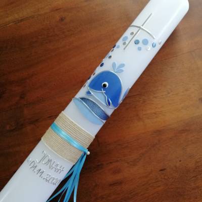Taufkerze Kommunionkerze Kommunionskerze Junge Mädchen Wal Fisch Kreuz modern klassisch - Farbwünsche möglich