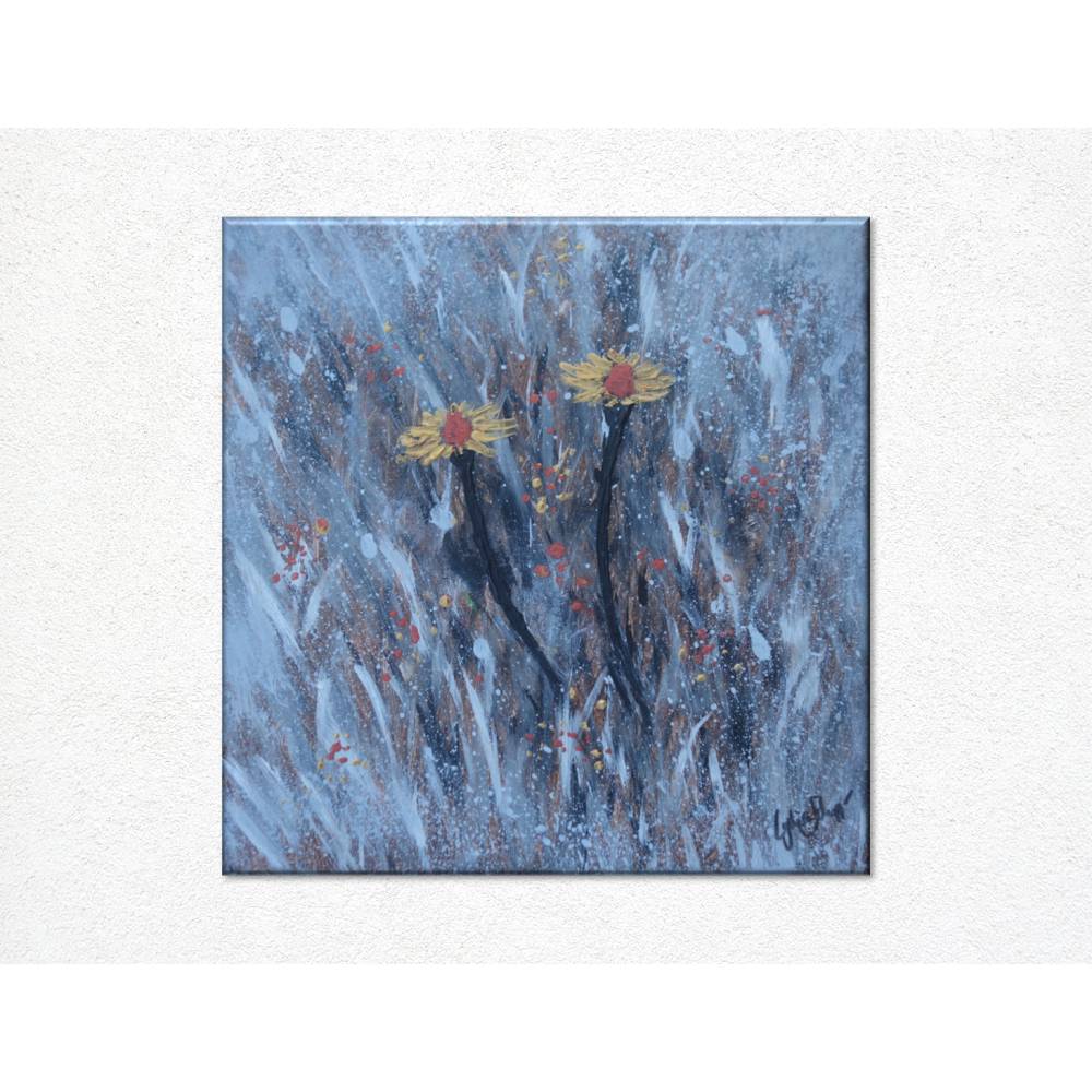 Original Gemälde Blumen im Frost | Wandkunst grau silber gold| 30x30 cm | Acrylbild als Unikat | moderne Kunst Bild 1