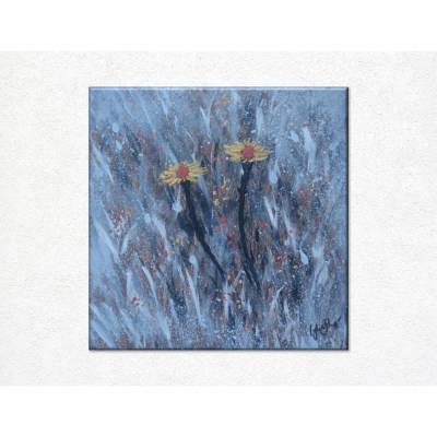 Original Gemälde Blumen im Frost | Wandkunst grau silber gold| 30x30 cm | Acrylbild als Unikat | moderne Kunst