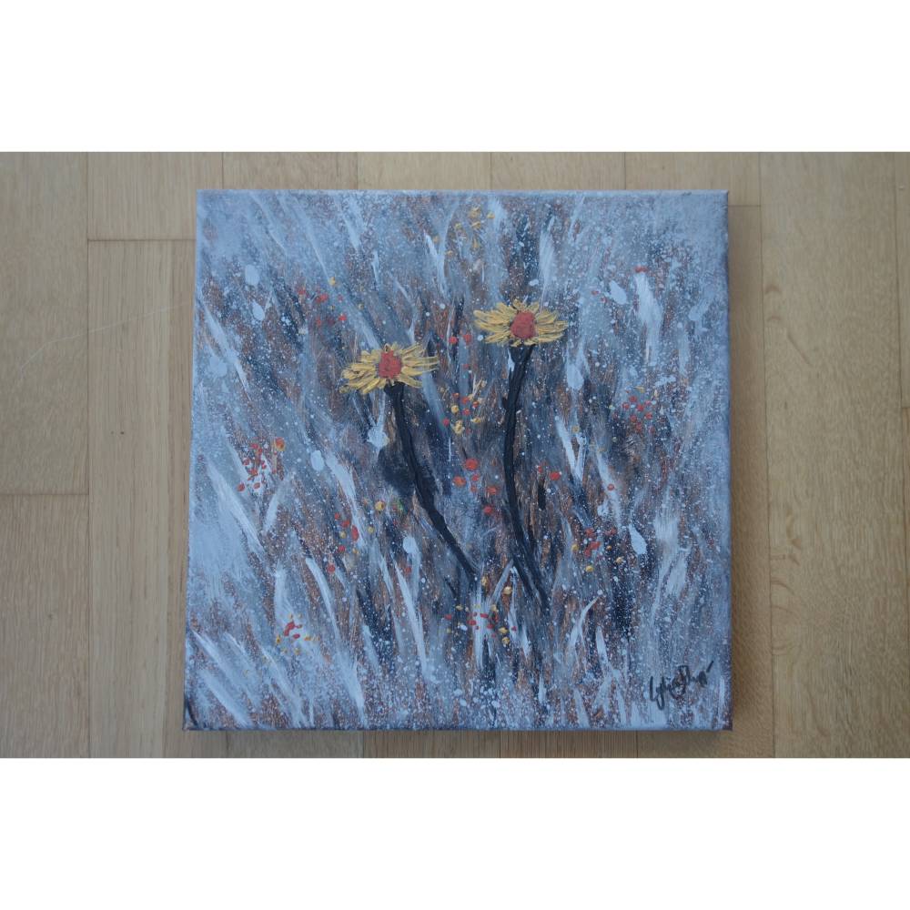 Original Gemälde Blumen im Frost | Wandkunst grau silber gold| 30x30 cm | Acrylbild als Unikat | moderne Kunst Bild 8