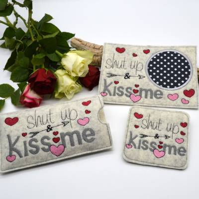 Stickdatei Valentinstag Mug Rug Schokohülle Herzen shut up and kiss me 