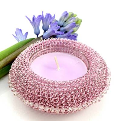 großer TEELICHTHALTER Donut - fingergestrickt aus rosafarbenem Kupferdraht mit oder ohne Glitzersteinchen