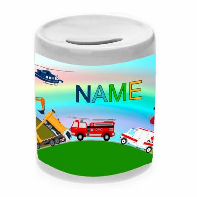 Spardose Motiv Fahrzeuge mit Name / personalisierbar / Sparbüchse / Sparschwein