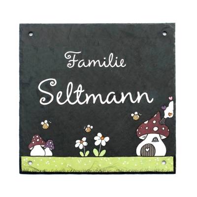 Schiefer Türschild oder Hausnummer Fliegenpilz Bienen Hummeln, Schieferschild handbemalt, Namensschild Familie