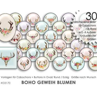 BOHO Geweih Blumen 30 Cabochonvorlagen Cabochon Vorlagen digital Download Buttonvorlagen Bilder für Schmuck Cabochon