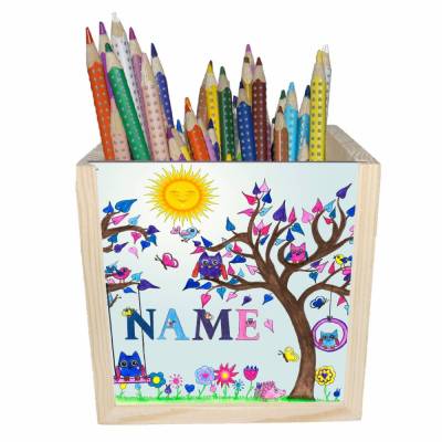 Eule Holz Stiftebox personalisiert z. B. Name Schriftartwahl | 10x10x10cm | Stiftehalter | Schreibtischorganizer