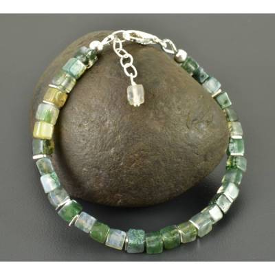 Armband mit Moosachat, 925er Silber, Würfelarmband, Würfel, Armkette, grün, Edelsteinarmband