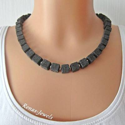 Edelstein Kette Lava schwarz silberfarben Collier Edelsteinkette Lavakette Würfel Kette