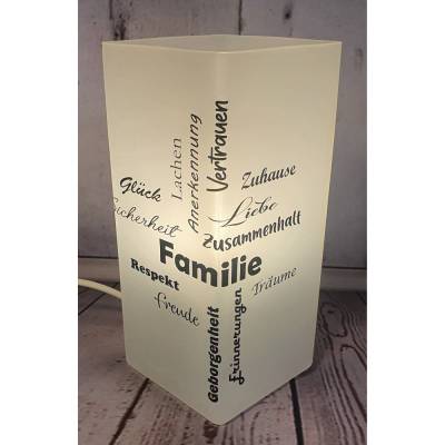 Lampe * Tischlampe * Nachttischlampe, Glas mit Spruch "Familie"