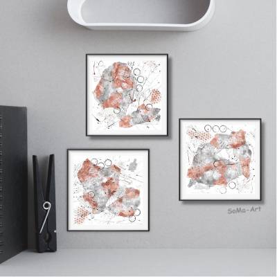 Abstrakte Mini Collage Kupfer und Grau. Mustermix für Entdecker. Kleine Wandkunst im Duo, ungerahmte Bilder