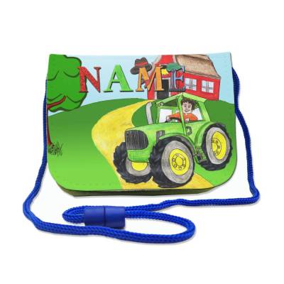 Kinder Brustbeutel mit Name / Traktor / Klettverschluss Schnur Klarsichtfach / Personalisierbar / Geldbörse zum Umhängen