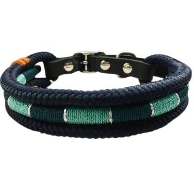 Hundehalsband, verstellbar, dunkelblau, stahlgrau, mint, Leder und Schnalle 