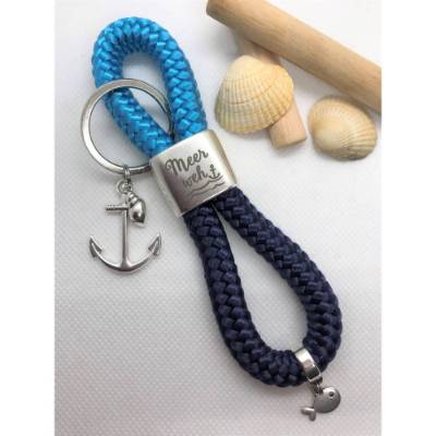 Schlüsselanhänger aus Segelseil/Segeltau, Zwischenstück "Meerweh", türkis/dunkelblau