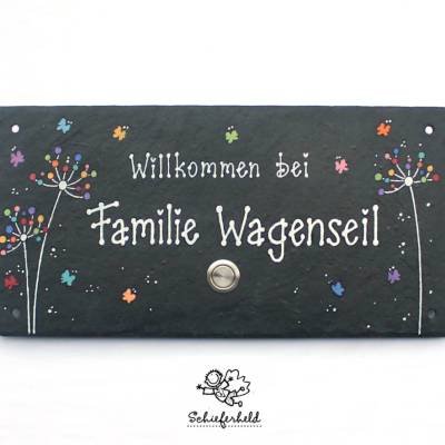 Schiefer Klingel- und Türschild Pusteblume Schmetterlinge Pastell mit Wunschname – Handbemaltes, personalisierbares Familienschild mit integriertem Klingeltaster