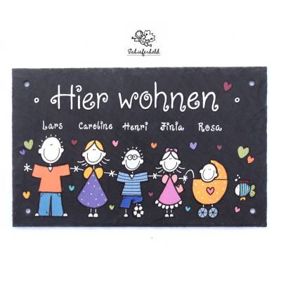 Personalisiertes Schieferschild Familie – Exklusives Einzugsgeschenk mit Name & Figuren, wetterfest & handgemalt