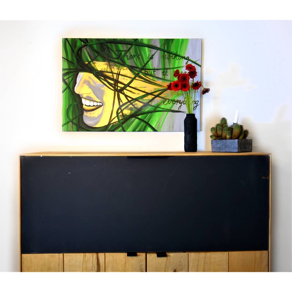 Handgemaltes, abstraktes Wandbild | Acrylbild | original Einzelstück | 90x60 cm | Titel „Hope“ | gold grün grau Bild 3