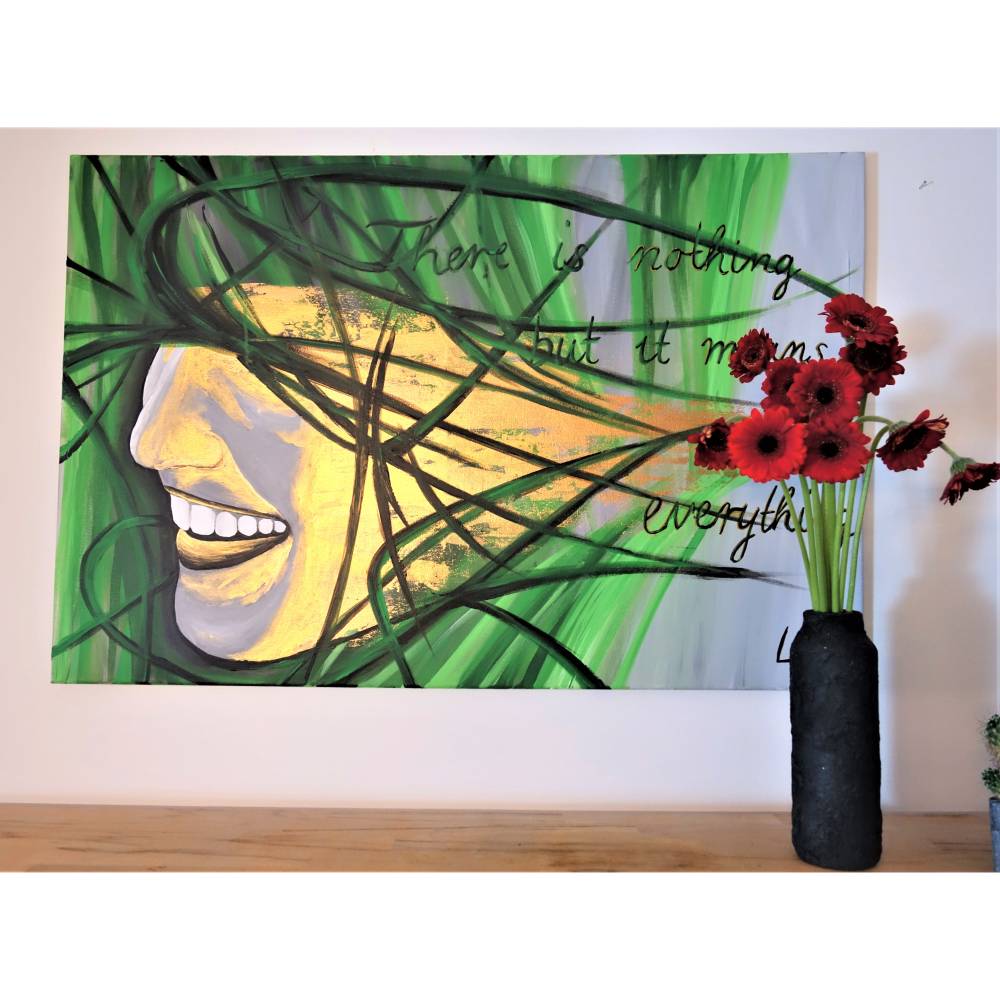Handgemaltes, abstraktes Wandbild | Acrylbild | original Einzelstück | 90x60 cm | Titel „Hope“ | gold grün grau Bild 8