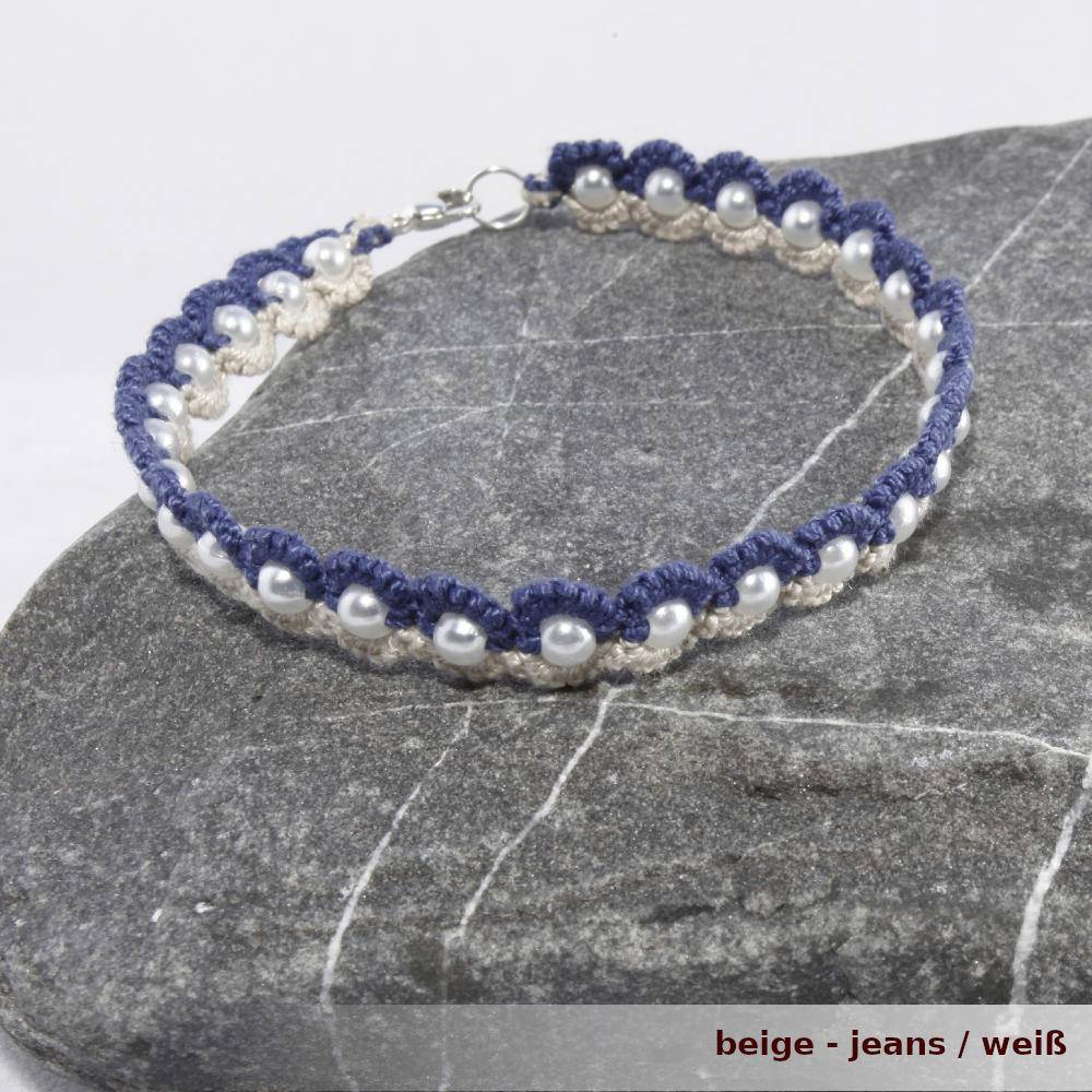 Armband Duett aus zwei Farben Baumwolle und einer Reihe Perlen Verschluss 925er Silber (vergoldet) Bild 1