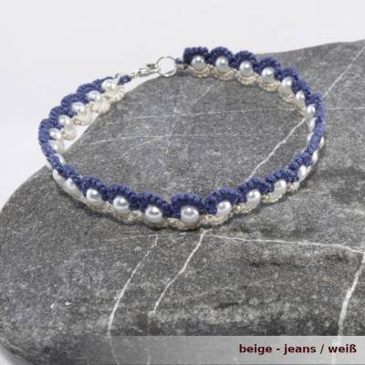 Armband Duett aus zwei Farben Baumwolle und einer Reihe Perlen Verschluss 925er Silber (vergoldet)