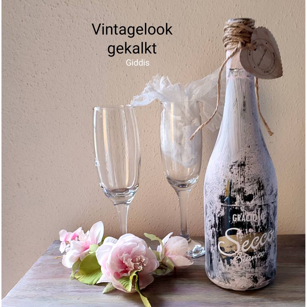 Deko Sekt-Flasche gekalkt im Vintagelook