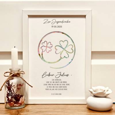 Personalisiertes Geldgeschenk Jugendweihe im Bilderrahmen mit Glückskleeblatt
