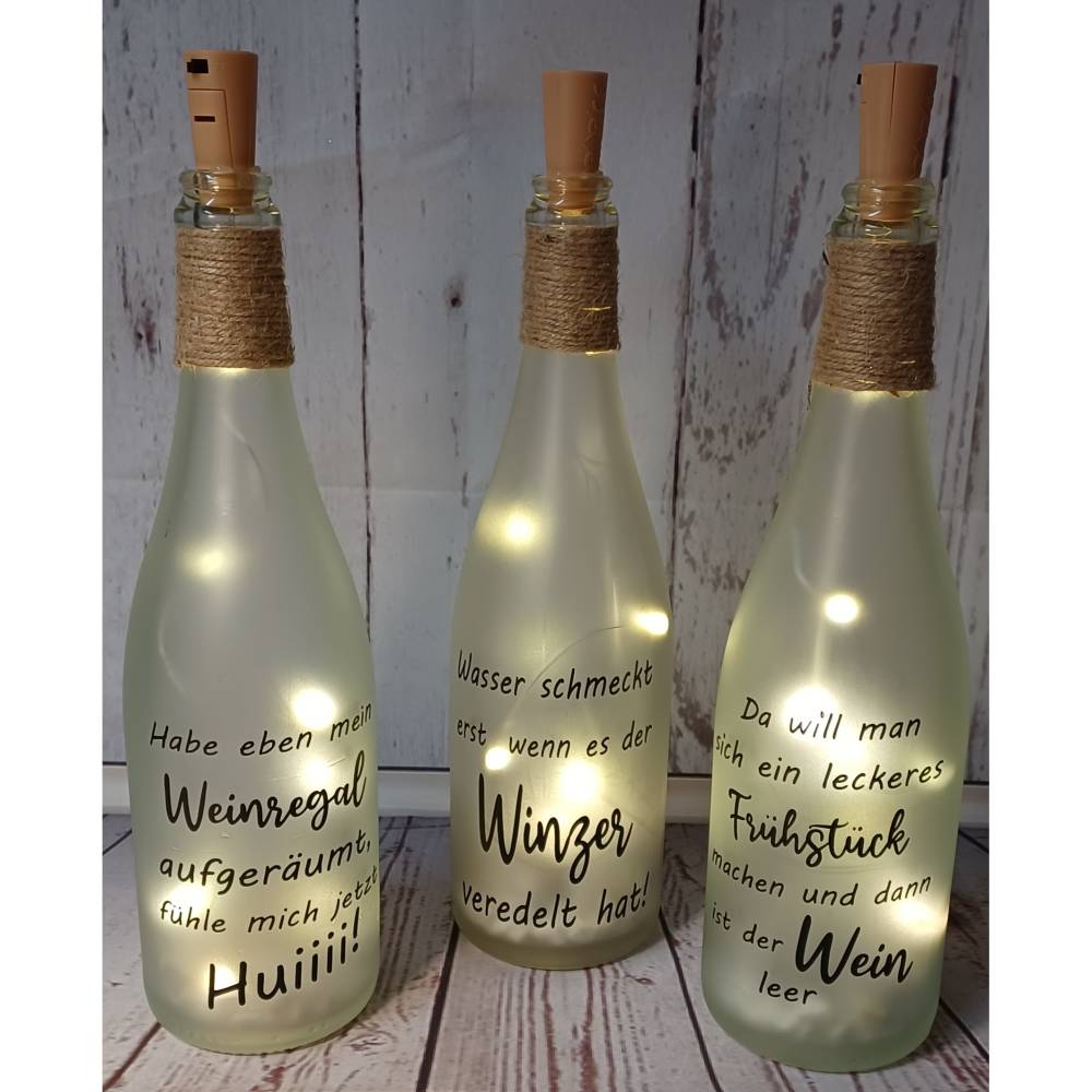 Flaschenlicht, Leuchtflasche, LED-Flasche, Dekoflasche, Lichtflasche, beleuchtete Flasche, Wein, mit Spruch