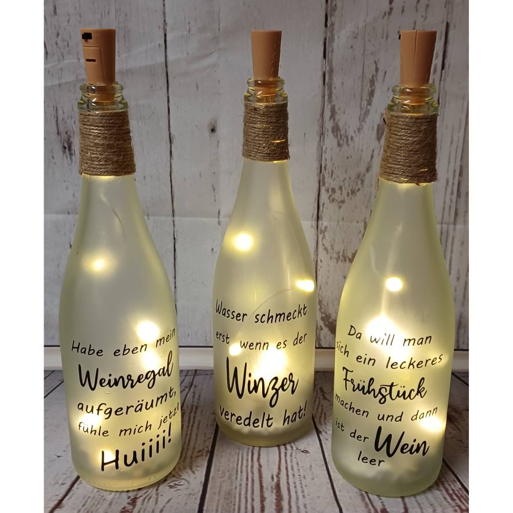 Flaschenlicht, Leuchtflasche, LED-Flasche, Dekoflasche, Lichtflasche, beleuchtete Flasche, Wein, mit Spruch