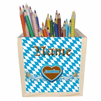 bayerische Holz Stiftebox Lausbua o. Herzmadl personalisiert z. B. Name Schriftartwahl | 10x10x10cm | Stiftehalter