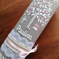 RUSTICA VINTAGE-Look SHABBY Rustikal Taufkerze Lebensbaum Baum Kreuz Mädchen Kerze keine Folie Wachsbeschriftung