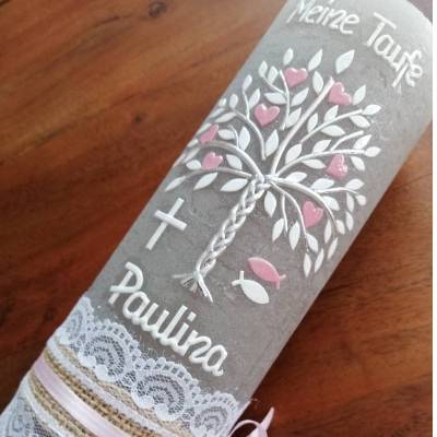 RUSTICA VINTAGE-Look SHABBY Rustikal Taufkerze Lebensbaum Baum Kreuz Mädchen Kerze keine Folie Wachsbeschriftung