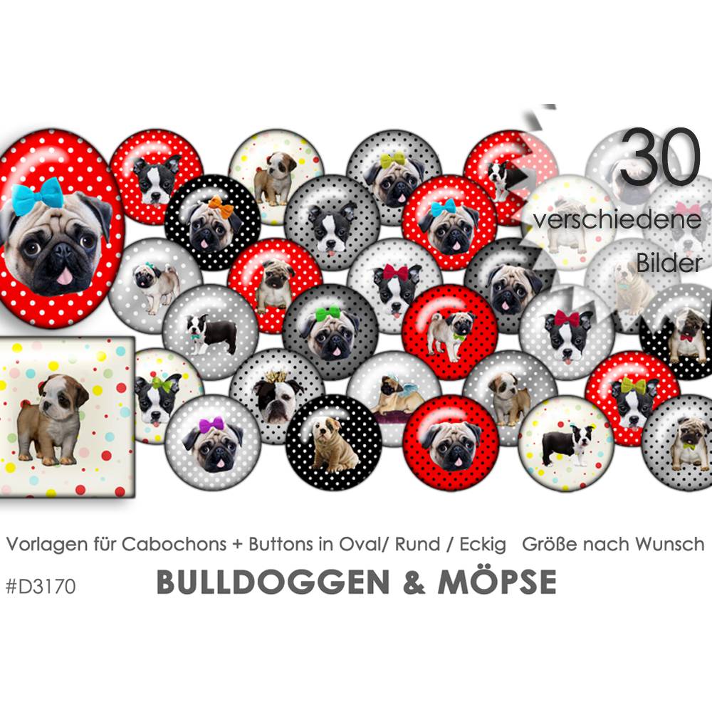 BULLDOGGEN MÖPSE 30 Cabochonvorlagen Cabochon Vorlagen digital Download Buttonvorlagen Bilder für Schmuck Cabochon Bild 1