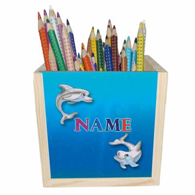 Delfin Holz Stiftebox personalisiert z. B. mit Name und Schriftartwahl | 10x10x10cm | Stiftehalter |