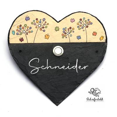 Klingelschild aus Schiefer Herzform – Türklingel mit Name & Pusteblume individuell
