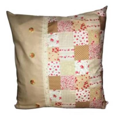 Kissenbezug im Landhaus Stil, beige-braun mit Rosenmuster und Spitze, 40x40cm