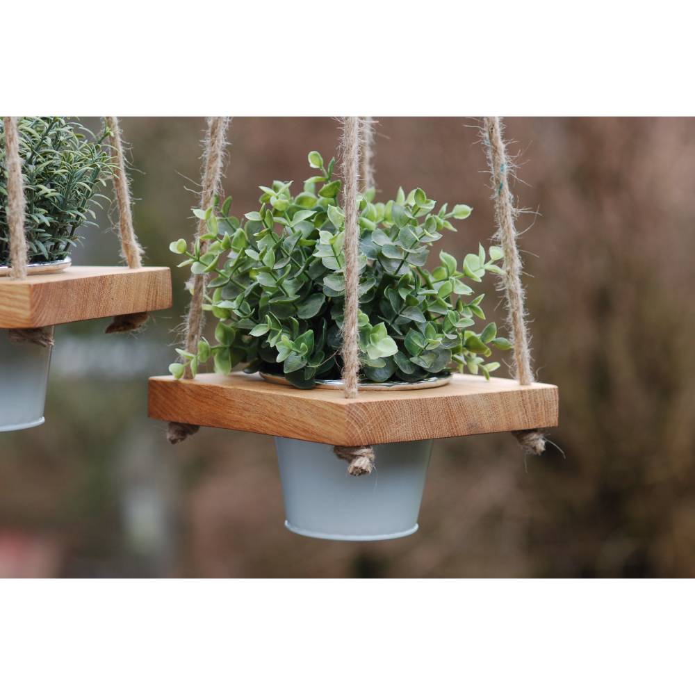 Blumenampel, Hängeampel für Blumen, Holz mit Metallkübel
