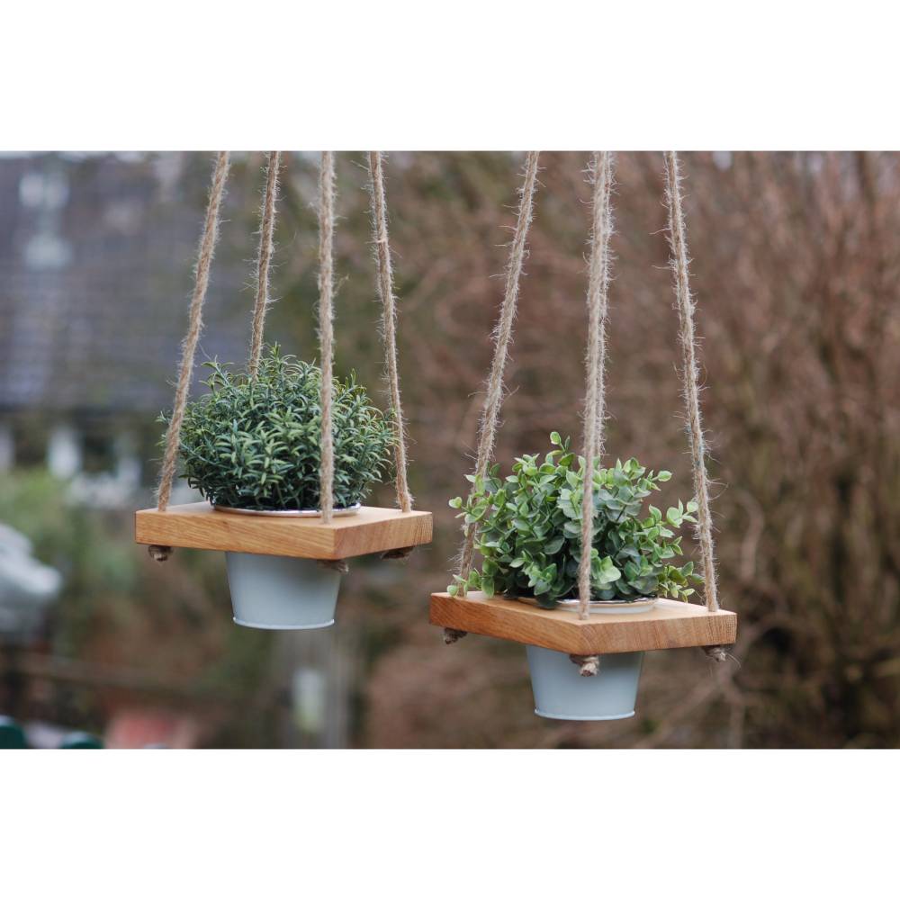 Blumenampel, Hängeampel für Blumen, Holz mit Metallkübel