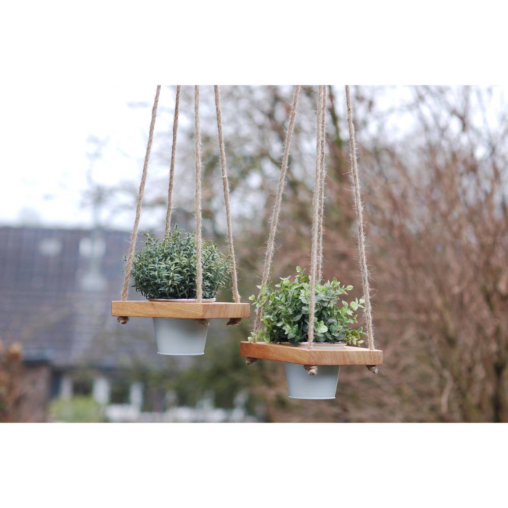 Blumenampel, Hängeampel für Blumen, Holz mit Metallkübel