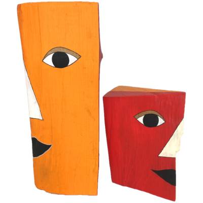 Köpfe aus Holz Kunstobjekte mit Gesicht orange/rot